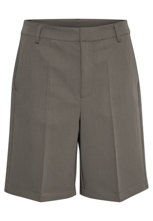 Pantaloncini grigi su misura alla lunghezza del ginocchio con passanti per cintura, pieghe anteriori e finitura pulita e liscia.