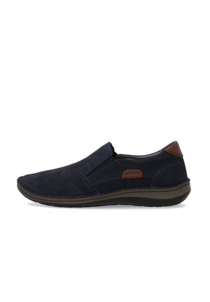 Marineblå slip-on afslappet sko med perforeret overdel, brune accenter på hæl og side samt mørk gummisål.