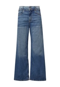 Jeans w szerokich nogawkach w średnim niebieskim odcieniu. Posiadają podwójne zapięcie na guziki oraz klasyczny pięciopunktowy krój. Gładka faktura i minimalne ślady blaknięcia.