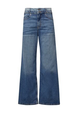 Weite Denim-Jeans in einem mittleren Blau-Waschgang. Merkmale einen doppelten Knopfverschluss und klassisches Fünf-Taschen-Design. Glatte Textur und minimale Verblassung.