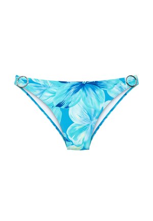 Blue bikini bottom with large light blue floral print and silver ring accents on each side.