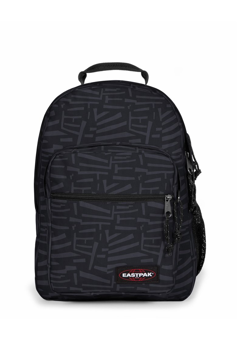 Sac à dos noir avec des motifs géométriques, bretelles rembourrées, poche avant zippée et poche latérale en mesh. Tissu durable avec un détail de logo.