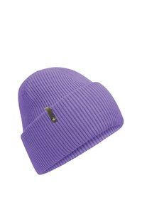 Purple knit beanie with ribbed texture, featuring a folded cuff and a small black metal emblem on the side. Soft and stretchy material.