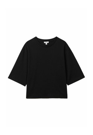T-shirt nero a maniche corte e vestibilità ampia, con colletto rotondo e design a tinta unita. Realizzato in tessuto morbido, presenta una forma boxy rilassata.