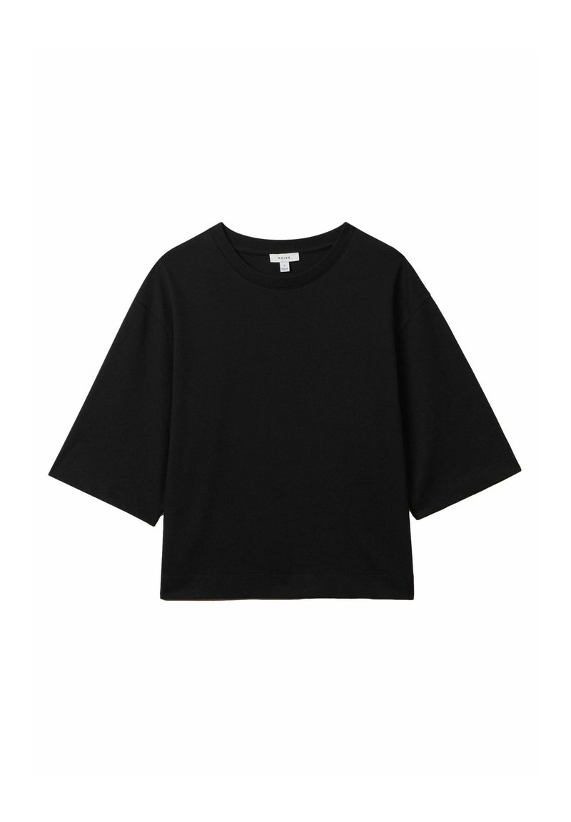 Zwarte losse t-shirt met korte mouwen, ronde halslijn en effen kleurontwerp. Gemaakt van zachte stof en heeft een ontspannen boxy vorm.