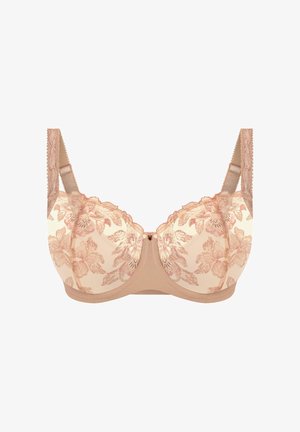Spitzen-BH mit floraler Stickerei in sanften Pfirsich- und Nudetönen. Verfügt über verstellbare Träger und ein florales Muster auf den Cups. Glatte Textur.
