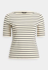 Krēmkrāsas īss piedurkņu tops ar melnām horizontālām svītrām un plašu laivas kakla izgriezumu, attēlots uz vienmērīgas baltas fona.