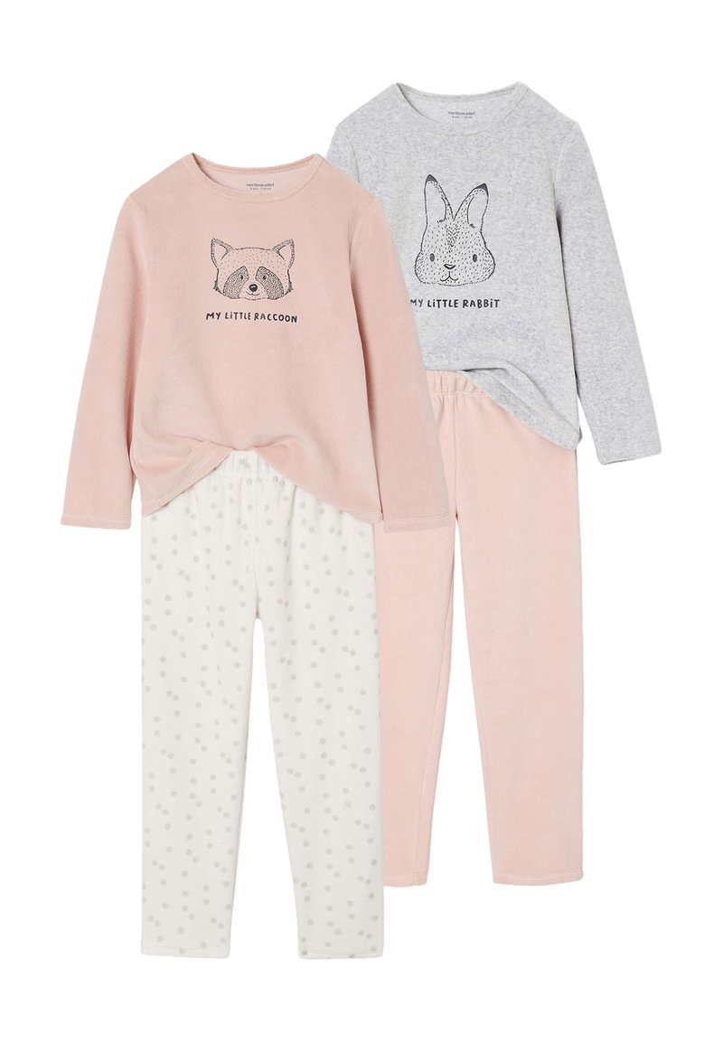 Two sets of children's pajamas. One features a pink long-sleeve top with a raccoon print and white pants with grey dots. The other has a grey top with a rabbit print and pink pants.