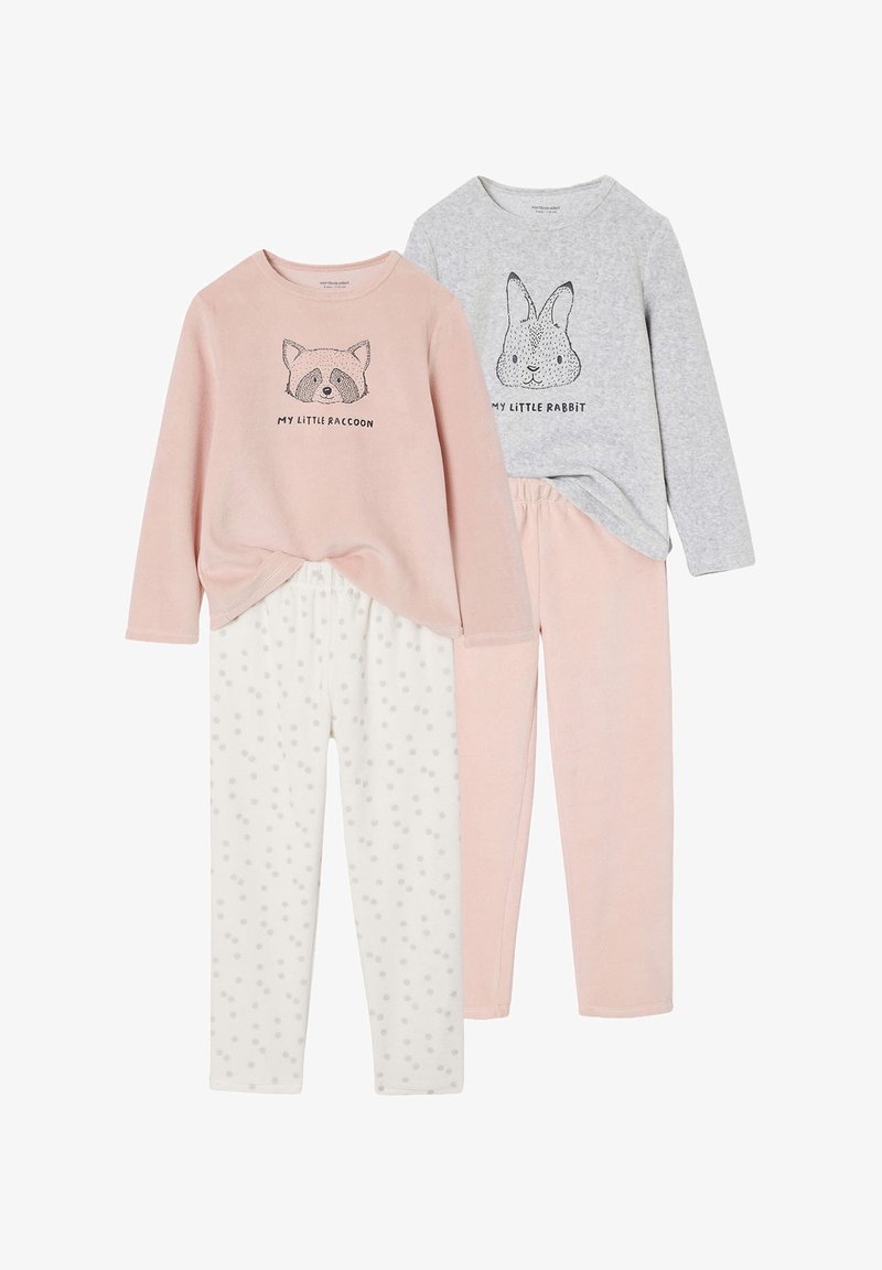Two sets of children's pajamas. One features a pink long-sleeve top with a raccoon print and white pants with grey dots. The other has a grey top with a rabbit print and pink pants.
