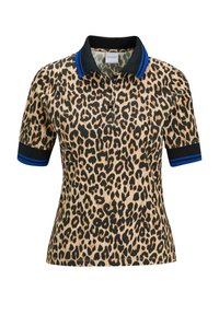 Shortsleeve polo shirt met luipaardprint, voorzien van een zwarte kraag en mouwboorden, beide met blauwe streepdetails.