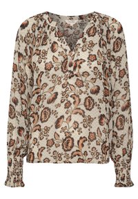 Langærmet bluse lavet af letvægtsstof, med et blomsterprint i varme nuancer på en cremefarvet baggrund. Løs pasform med samlede detaljer.