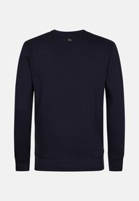 Felpa a maniche lunghe blu navy scuro con collo rotondo, con polsini e orlo a coste, esposta su uno sfondo grigio chiaro uniforme.