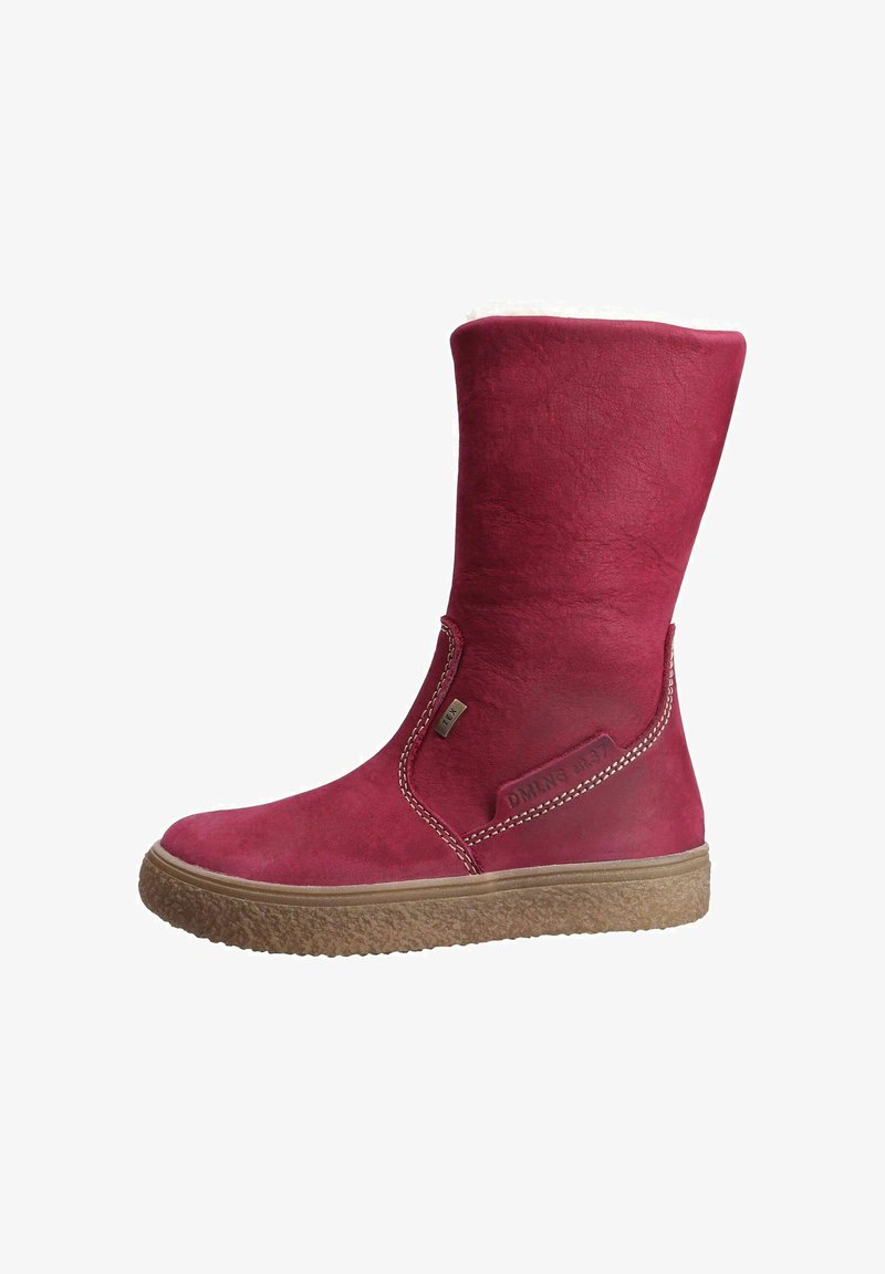 Hohe, fuchsia-samtige Stiefel mit einer weichen, weißen Fellfütterung, gestickten Akzenten und einer strukturierten Gummisohle für Griffigkeit und Flexibilität.