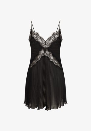 Zwarte geplooide negligee met kant bij de halslijn, voorzien van dunne spaghettibandjes en een vloeiende snit, gemaakt van lichte stof.