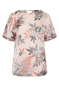 Lyhythihainen vaaleanpunainen paita silkkisessä kankaassa, jossa on kukkakuvio, jossa on vaaleita ja tummia lehtiä, sekä mustia ja persikanvärisiä kukkia.