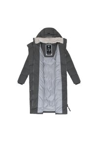 Pilkas paminkštintas paltas su fliso pamušalu gobtuvu, sidabrinės spalvos vidumi, spaudėmis užsegamas ir šonine užtrauktuko kišene. Kaklo srityje yra etiketė.