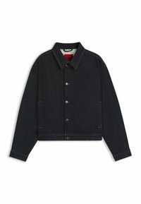 Dunkelblaue Jeansjacke mit Kragen, vorderem Knopfverschluss und zwei seitlichen Taschen. Mit kontrastierenden gelben Nähten und einem cropped Design.