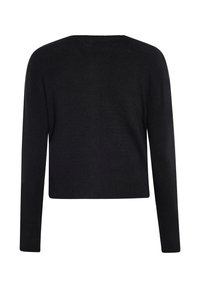 Schwarzer Pullover mit langen Ärmeln und rundem Ausschnitt. Hergestellt aus einem weichen, strukturierten Stoff. Verfügt über einen kurzen Schnitt und saubere Verarbeitungsdetails.