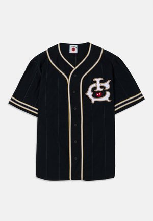 Black short-sleeve baseball jersey with white and gold stripes, featuring a large embroidered logo on the left chest and front button closure.