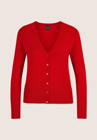 Roter V-Ausschnitt-Cardigan aus Strickstoff, mit durchgehender Knopfleiste und geripptem Saum sowie Bündchen, bietet eine taillierte Form.