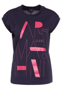 Námořnické bavlněné tričko s krátkým rukávem, které má velký grafický design s jasně růžovým textem a abstraktními tvary. Měkká textura a klasický střih.