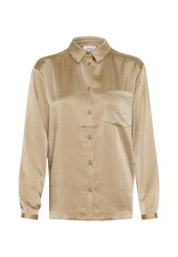 Hellbeiges, langärmliges Hemd aus Satin mit Knopfleiste, Kragen, einer Brusttasche und glatter Textur mit leichtem Glanz.