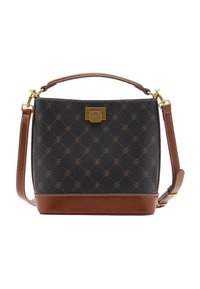 Sac à main noir à motifs avec des accents en cuir marron et un fermoir doré. Il comprend une poignée courte et une bandoulière amovible.