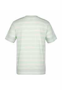 Kortærmet t-shirt i lys mintgrøn med hvide vandrette striber. Lavet af blød bomuld, med rund hals og afslappet pasform.