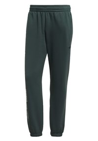 Tmavě zelené tepláky s elastickým pasem na šňůrku, elastickými manžetami a grafickým logem na levé noze. Vyrobené z měkké, texturované látky.