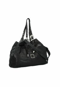 Grande borsa in pelle nera con manici borchiati, dettagli in metallo argentato e una decorazione quadrata con borchie sul davanti. Finitura texturizzata.