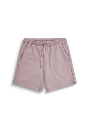 Shorts à taille élastique couleur mauve clair avec cordon de serrage et poches latérales, posés à plat sur fond blanc.