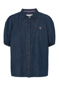Marineblauw denimshirt met korte, opgezette mouwen, standaardkraag, knoopsluiting en een klein geborduurd logo linksboven.
