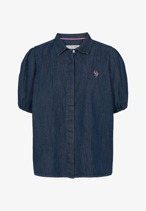 Marineblauw denimshirt met korte, opgezette mouwen, standaardkraag, knoopsluiting en een klein geborduurd logo linksboven.