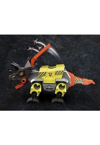 Triceratops robot toy featuring a black, gray, and yellow design. Includes orange accents, movable parts, and missile launchers on top.