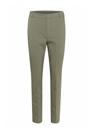 Pantaloni ajustați de culoare verde măsliniu, confecționați dintr-un material fin, cu o croială slim, două buzunare frontale și față plată cu bucle pentru cureaua.