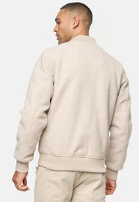 Beige bomber jacket with ribbed collar and cuffs, featuring textured fabric and subtle seams, shown from the back.