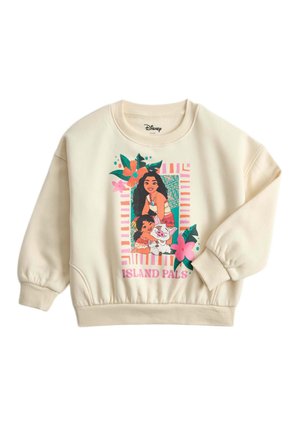 Bluza w kolorze kremowym z tropikalnymi kwiatami i postaciami Disneya: Moaną, dzieckiem i świnką z tekstem "Island Pals".