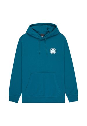 Sweat à capuche sarcelle en tissu doux avec une poche kangourou, une capuche à cordon de serrage et un logo circulaire sur la poitrine. Coupe classique.