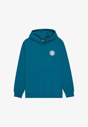 Sweat à capuche sarcelle en tissu doux avec une poche kangourou, une capuche à cordon de serrage et un logo circulaire sur la poitrine. Coupe classique.