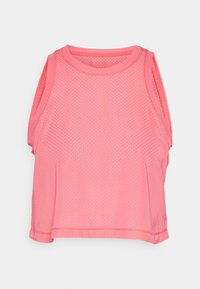 Débardeur de sport en maille rose sans manches avec un col rond et un logo Nike discret sur l'ourlet inférieur, sur fond blanc.