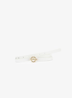 White leather belt with a smooth finish, featuring a round gold-tone buckle and multiple adjustment holes. Simple design, flat shape.