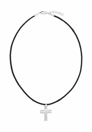Collana con cordoncino nero intrecciato con piccolo ciondolo a croce in argento e chiusura a moschettone in argento con catena regolabile.