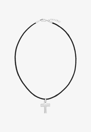 Zwart gevlochten koordketting met een klein zilveren kruisbedeltje en een zilveren karabijnsluiting met verstelbare ketting.