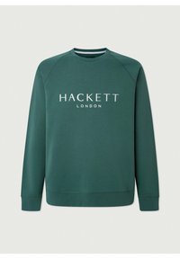 Sweat-shirt vert foncé à col rond, manches longues, avec l'inscription "HACKETT LONDON" en blanc sur la poitrine.