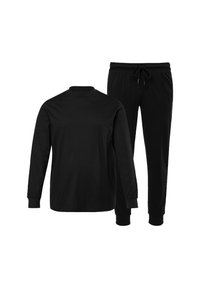 Camisa negra de manga larga con cuello redondo y pantalones jogger negros a juego con cordón y puños en los tobillos.