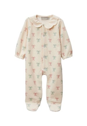 Dors-bien en tissu crème doux, avec un col et un motif de nœuds pastel en rose et vert. Fermeture par boutons-pression à l'avant.