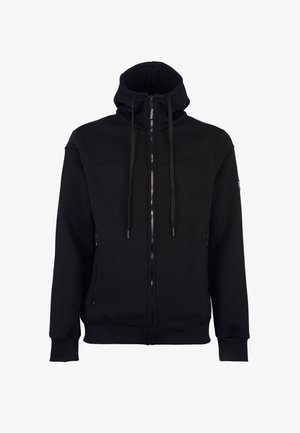 Felpa nera con zip, colletto alto, cappuccio con cordino, due tasche laterali, polsini a costine e una texture liscia.