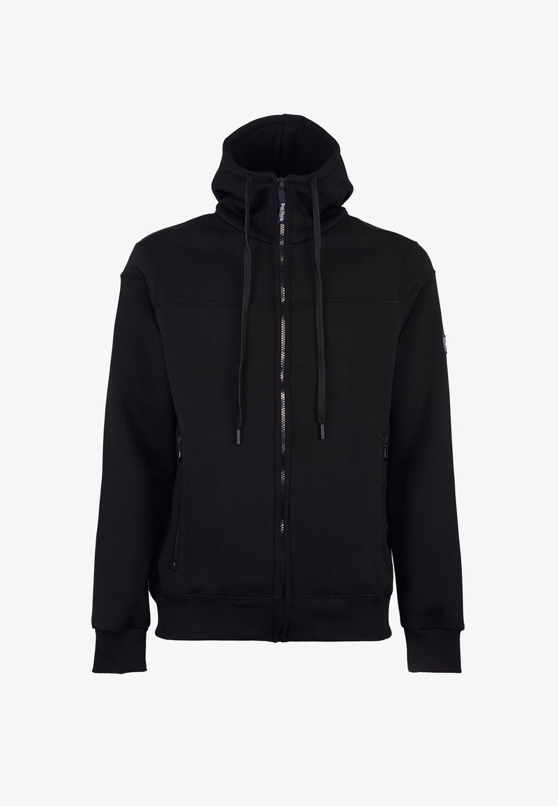 Felpa nera con zip, colletto alto, cappuccio con cordino, due tasche laterali, polsini a costine e una texture liscia.