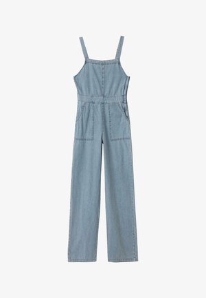 Lichtblauwe denim overalls met verstelbare schouderbanden, twee voorkantenzakken en wijd uitlopende broekspijpen, met een gestructureerde afwerking en gestikte naden.