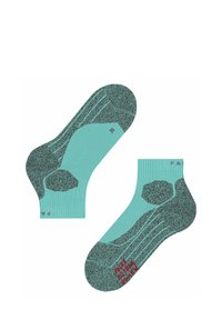 Turkusowe skarpetki z teksturowanym wzorem, z wzmocnionym piętą i palcem oraz czerwonym logo na podeszewce. Krótkie, w ankletowym stylu.